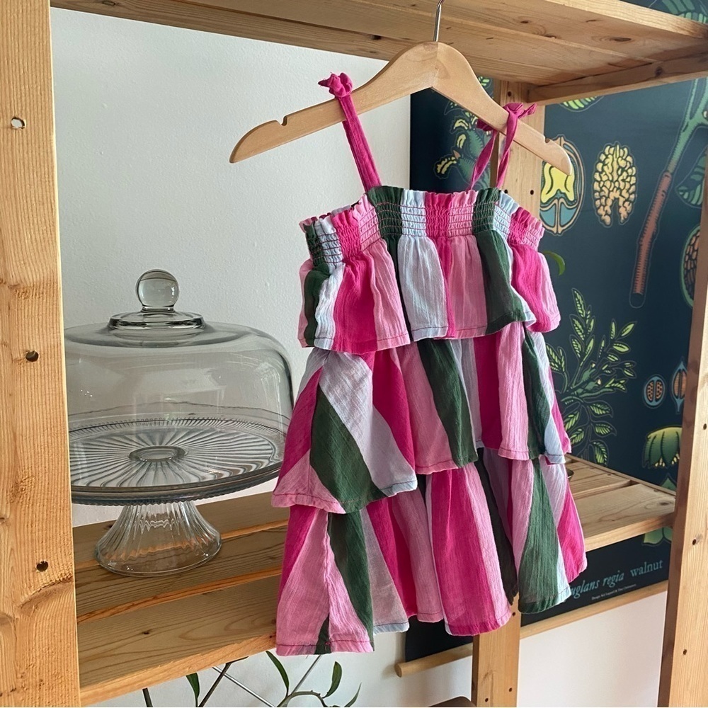 Janie and Jack Green Pink Smocked Gauze Tiered Ruffle Sundress - Picture 4 of 8